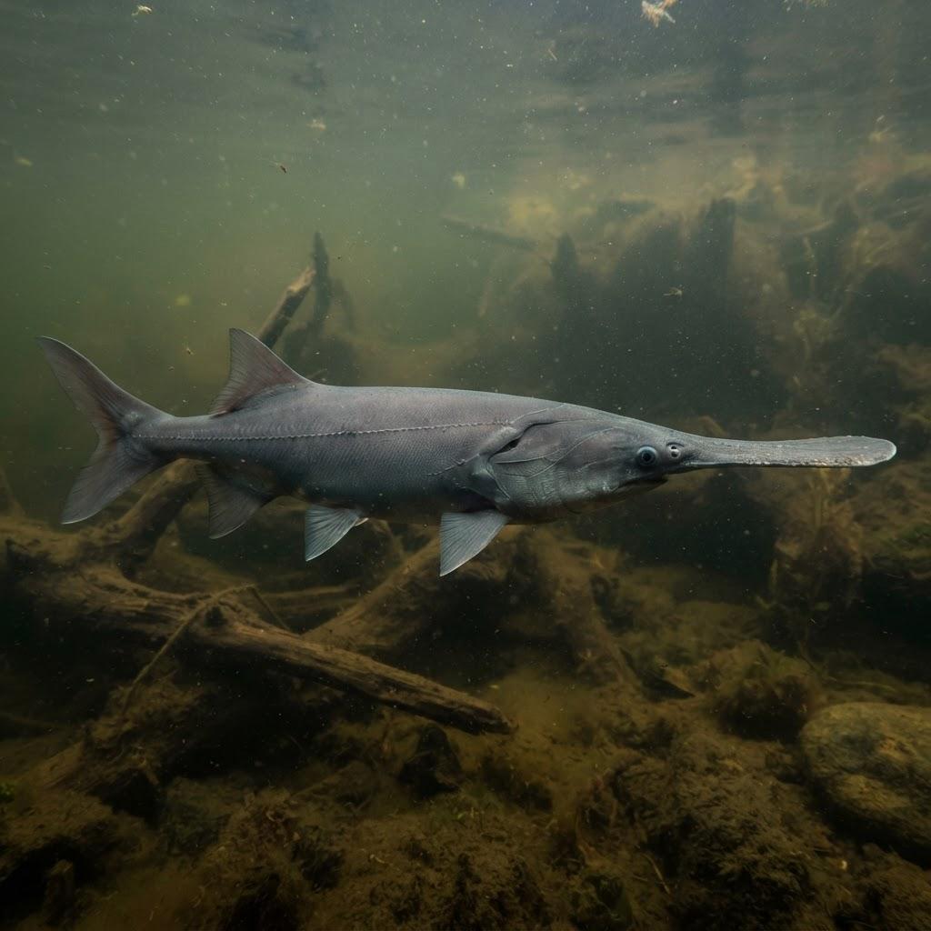 A American Paddlefish swimming underwater in side profile