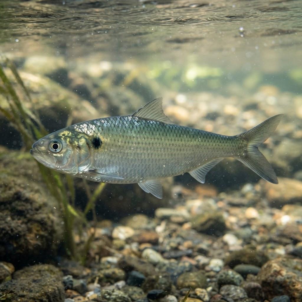 A American Shad swimming underwater in side profile
