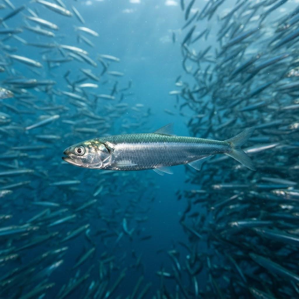 A Anchovy swimming underwater in side profile