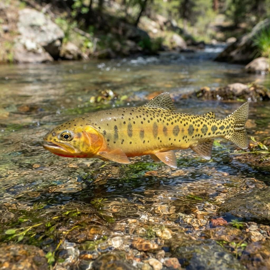 A Apache Trout swimming underwater in side profile