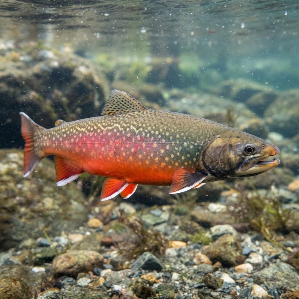 A Arctic Char swimming underwater in side profile