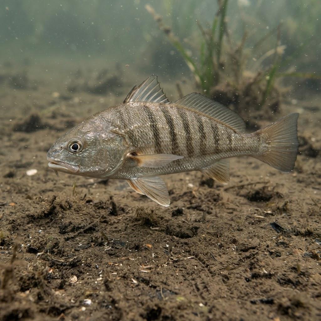 A Atlantic Croaker swimming underwater in side profile