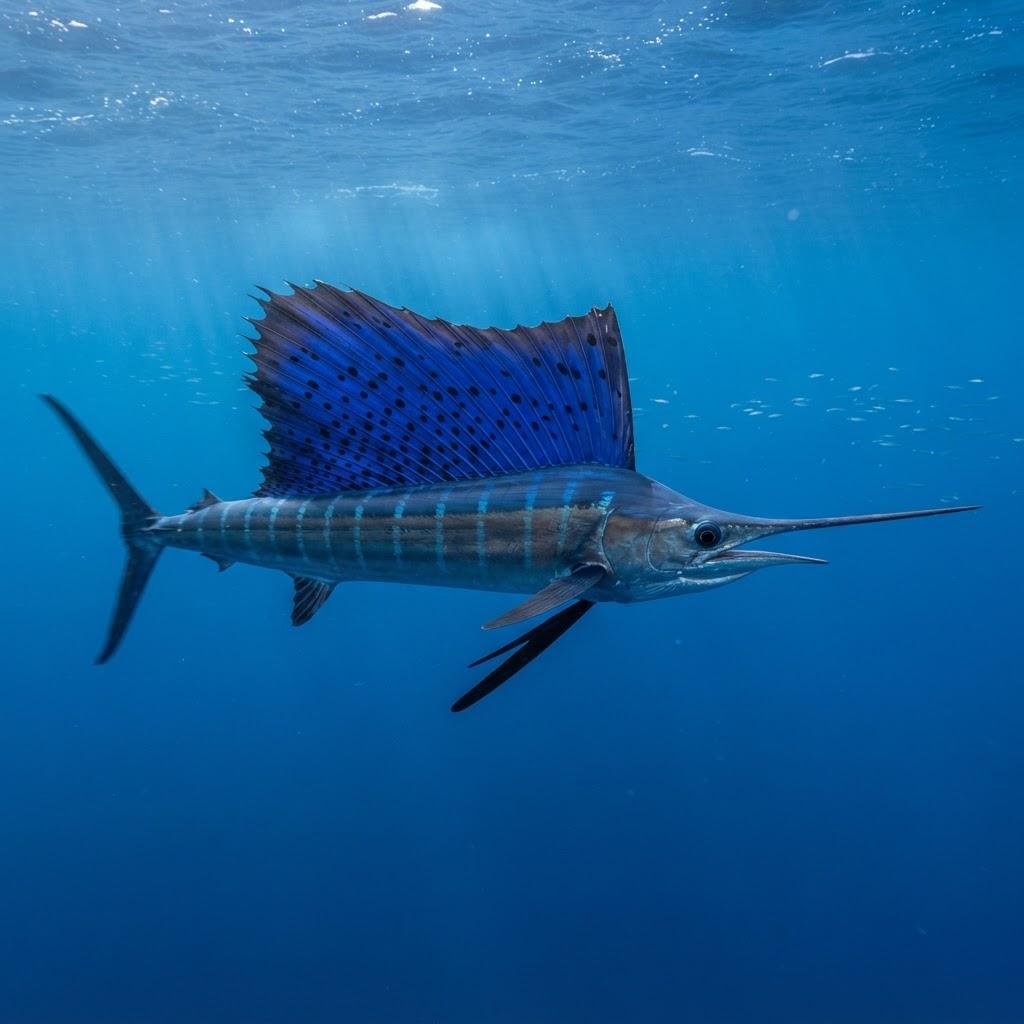 A Atlantic Sailfish swimming underwater in side profile
