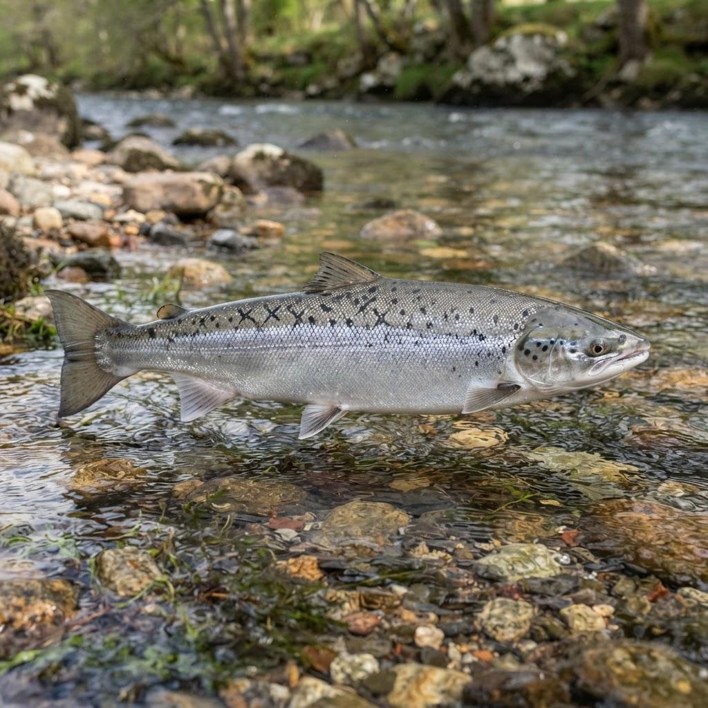 A Atlantic Salmon swimming underwater in side profile