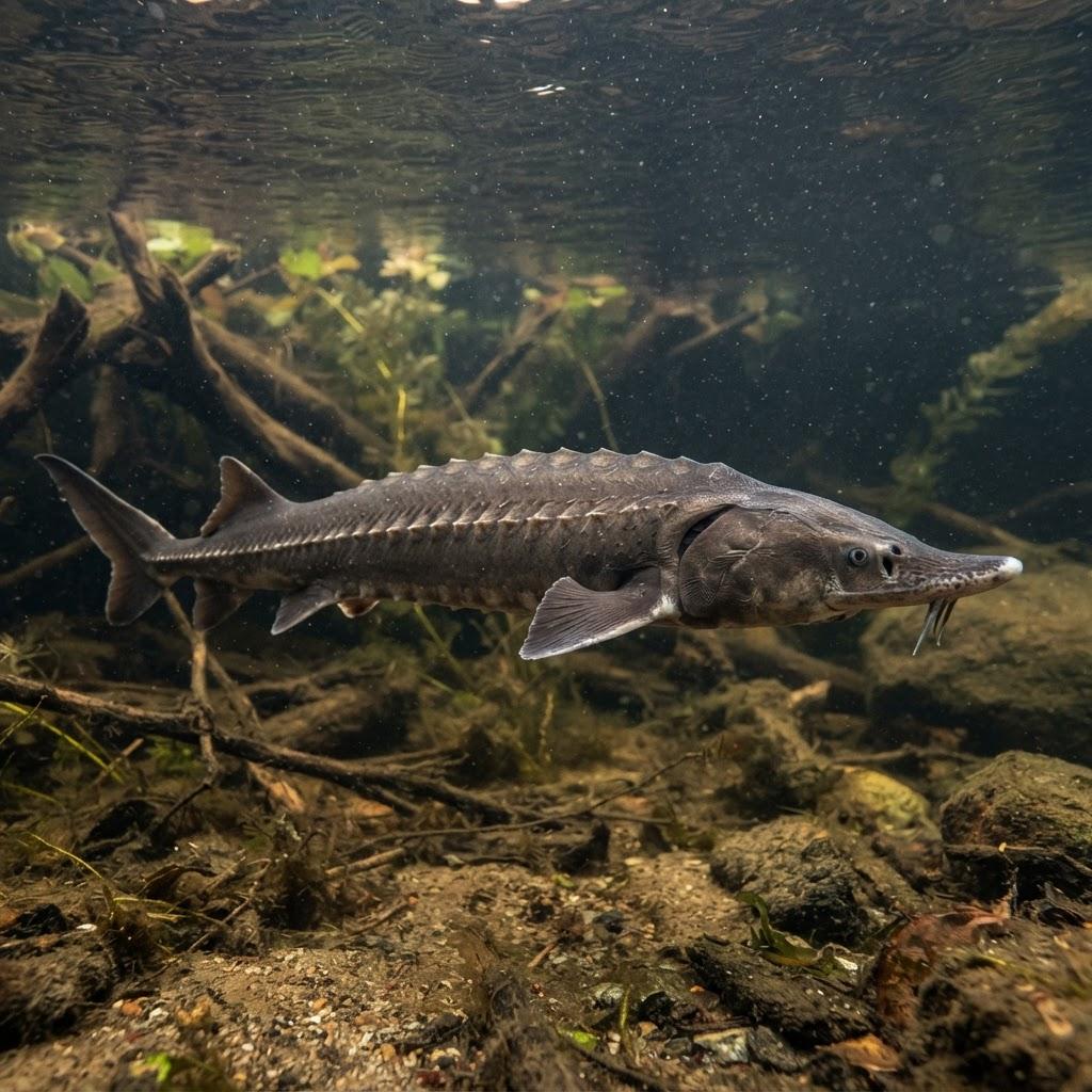 A Atlantic Sturgeon swimming underwater in side profile