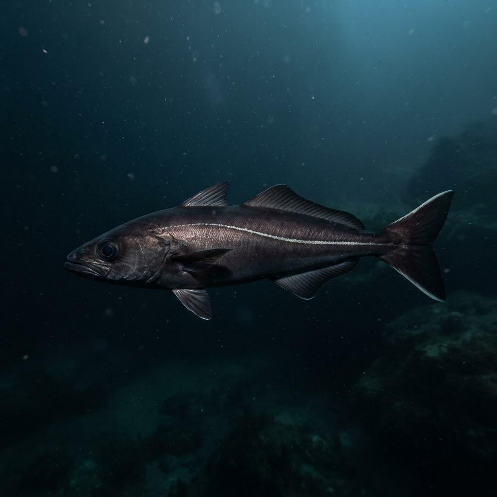 A Black Cod (Sablefish) swimming underwater in side profile