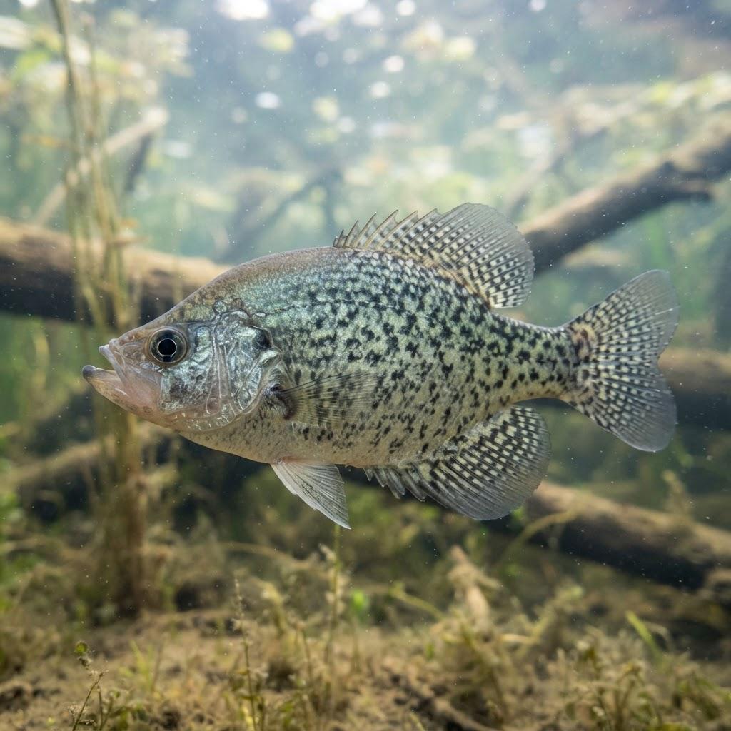 A Black Crappie swimming underwater in side profile