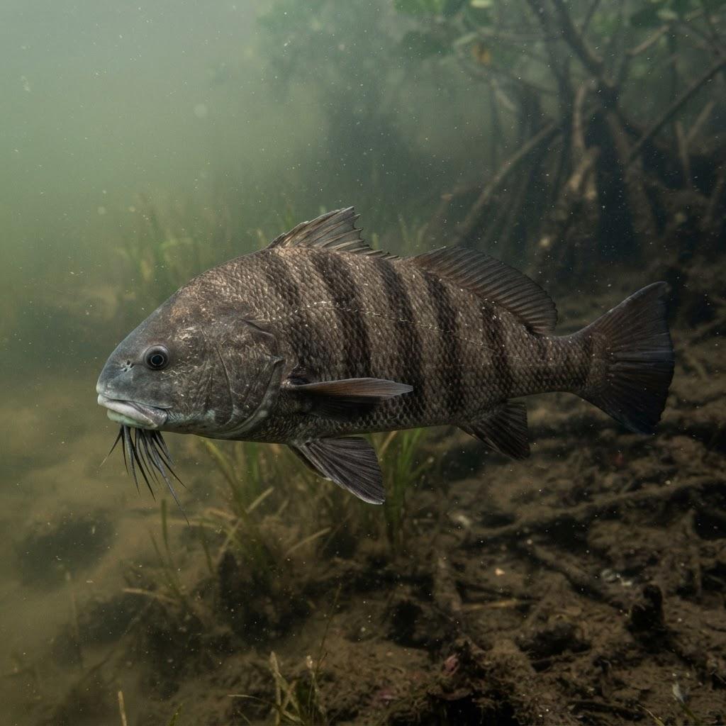 A Black Drum swimming underwater in side profile