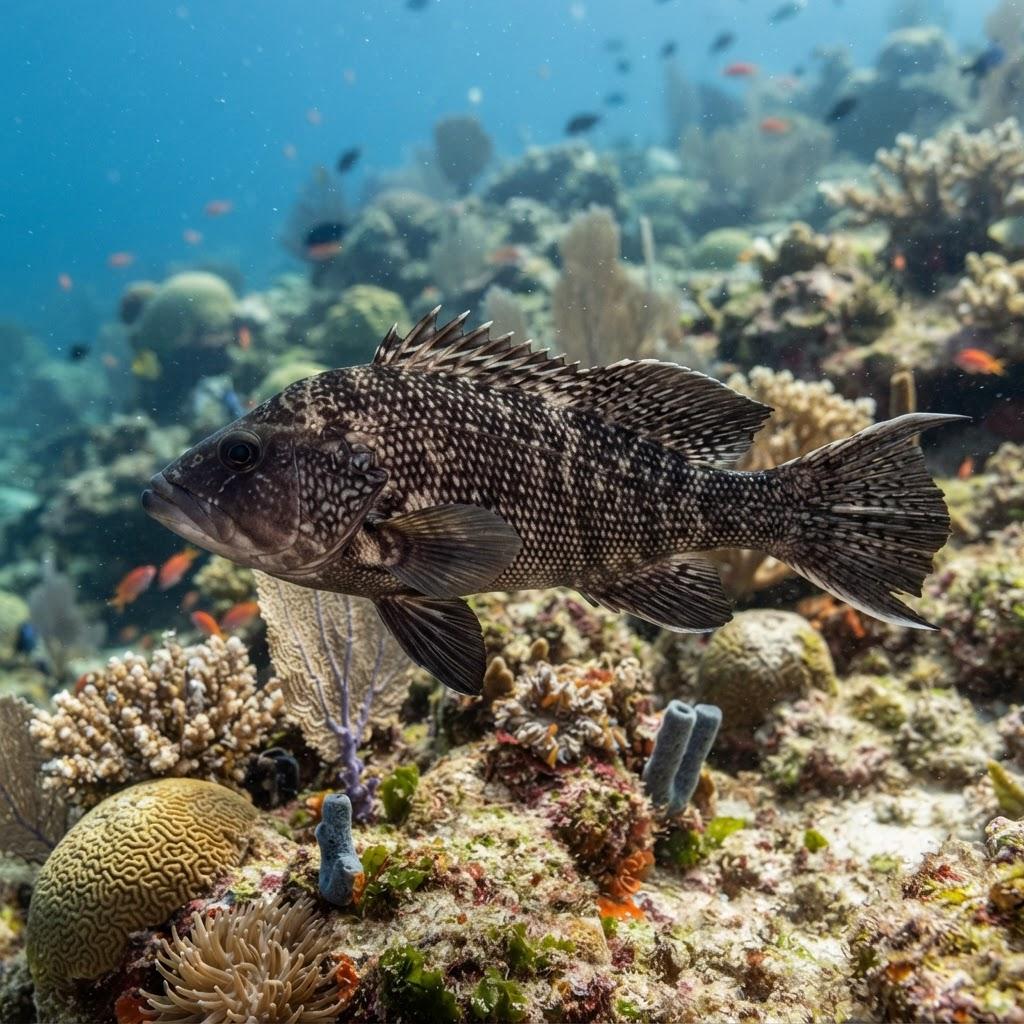 A Black Sea Bass swimming underwater in side profile