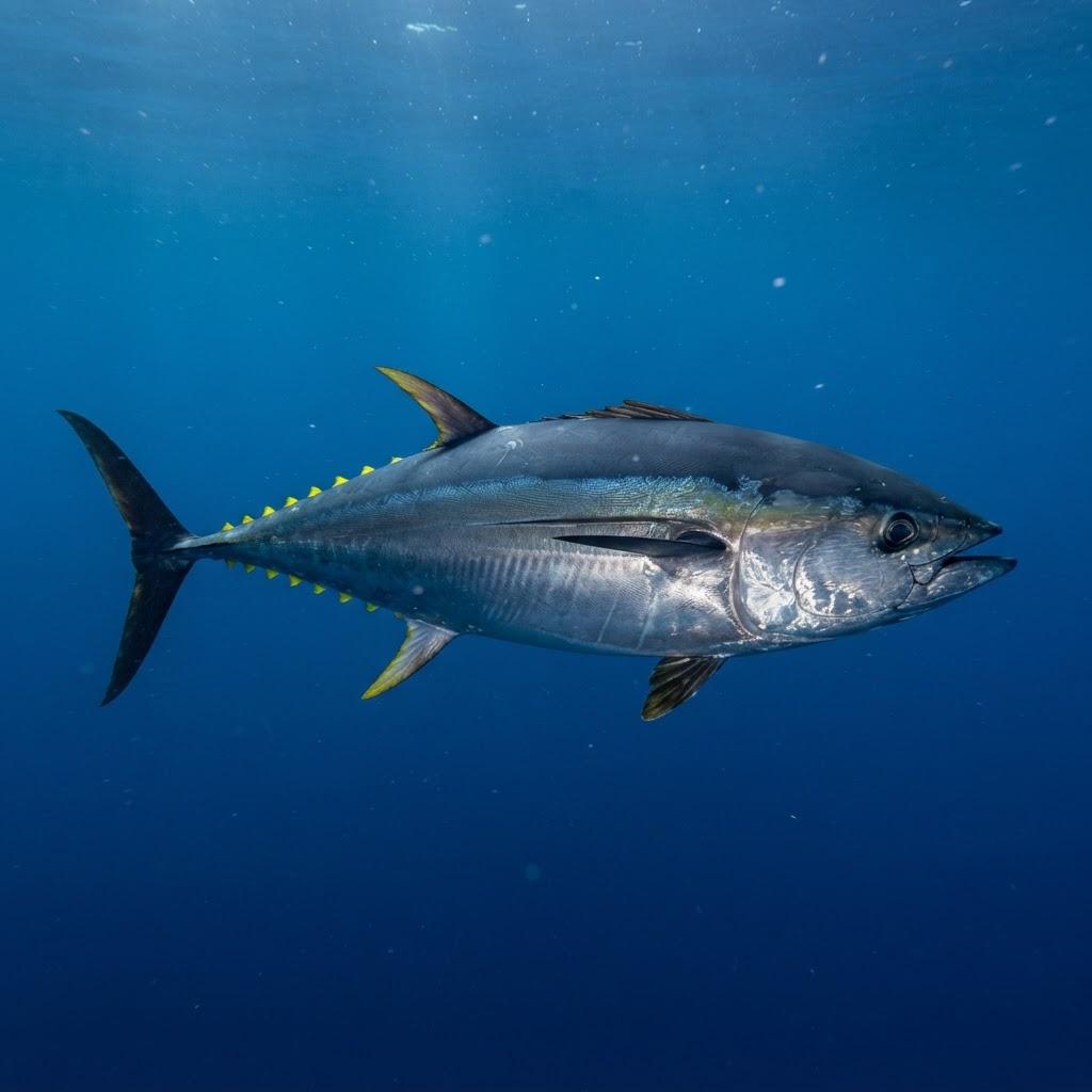 A Bluefin Tuna swimming underwater in side profile