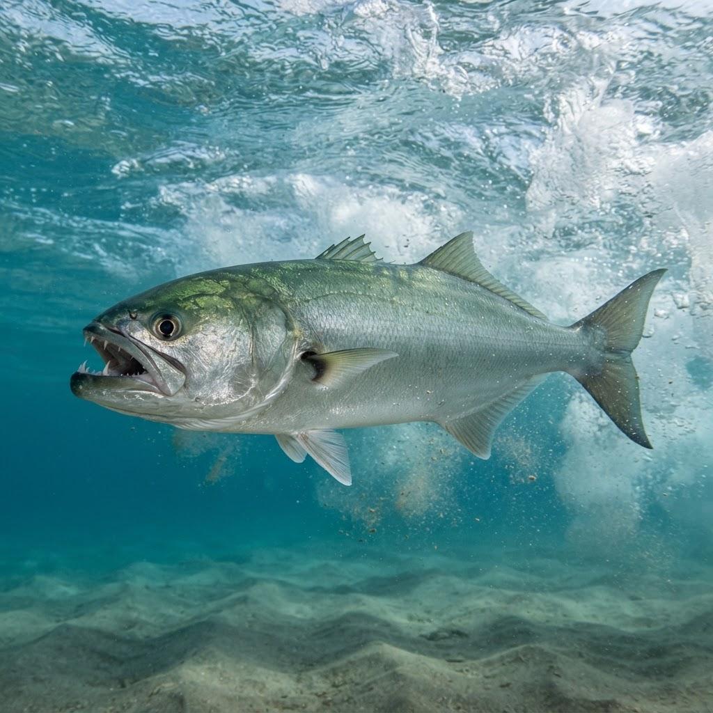 A Bluefish swimming underwater in side profile