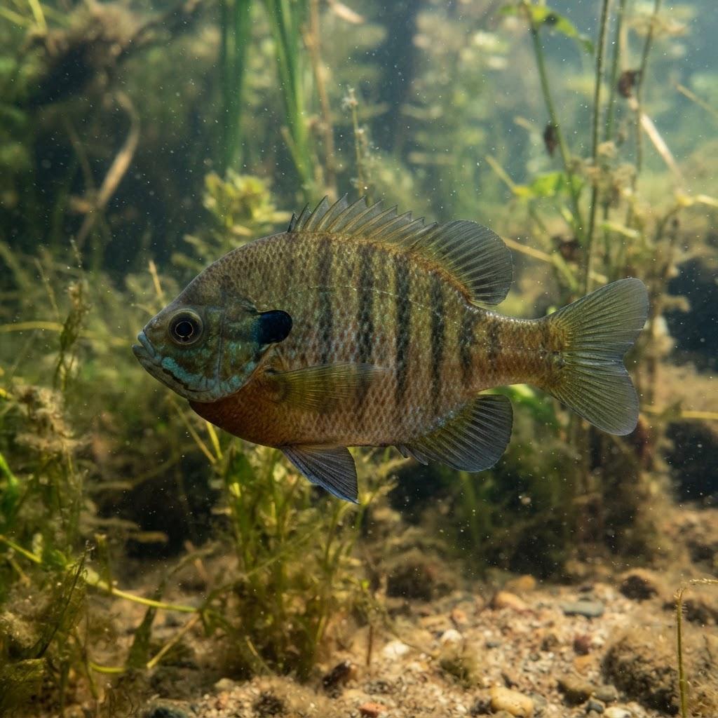 A Bluegill swimming underwater in side profile