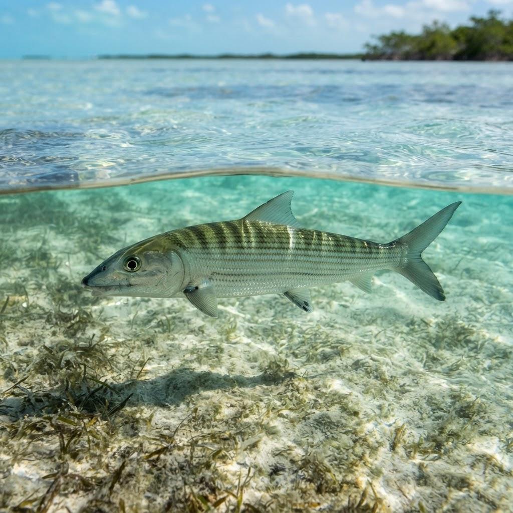 A Bonefish swimming underwater in side profile