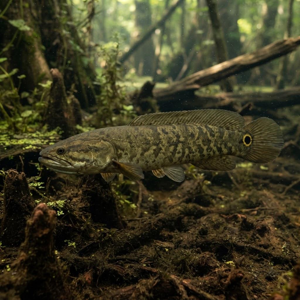 A Bowfin (Mudfish) swimming underwater in side profile