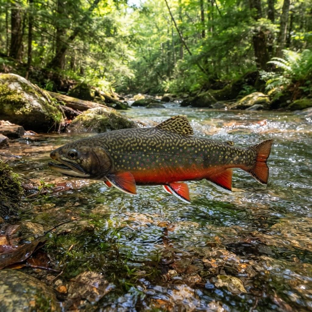 A Brook Trout swimming underwater in side profile