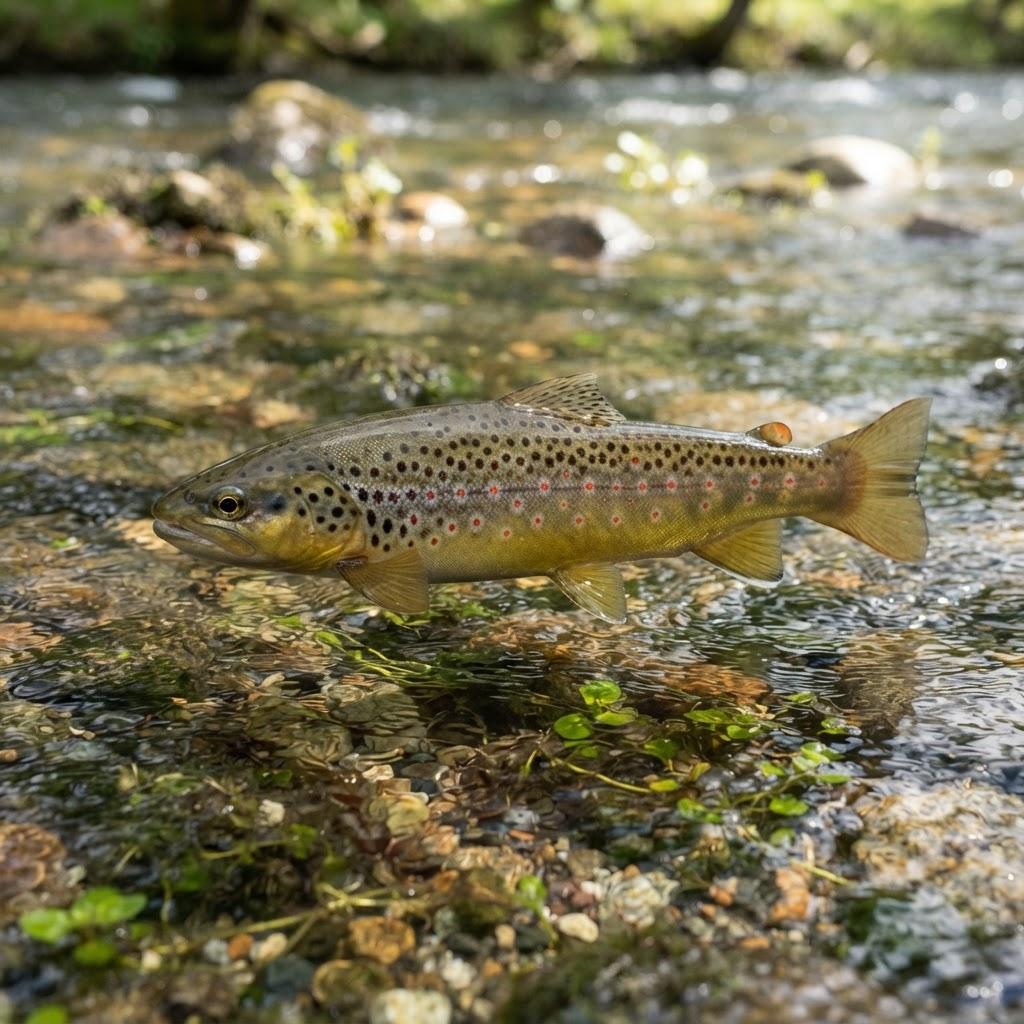A Brown Trout swimming underwater in side profile