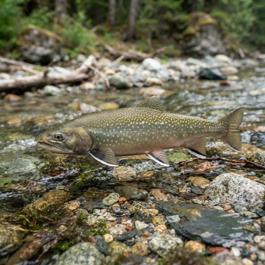 A Bull Trout swimming underwater in side profile