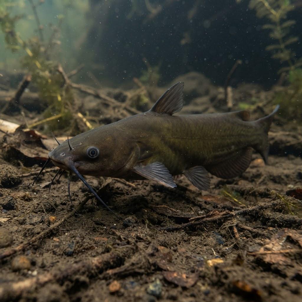 A Bullhead Catfish swimming underwater in side profile