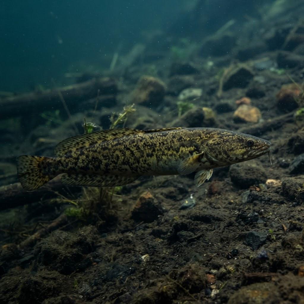 A Burbot swimming underwater in side profile