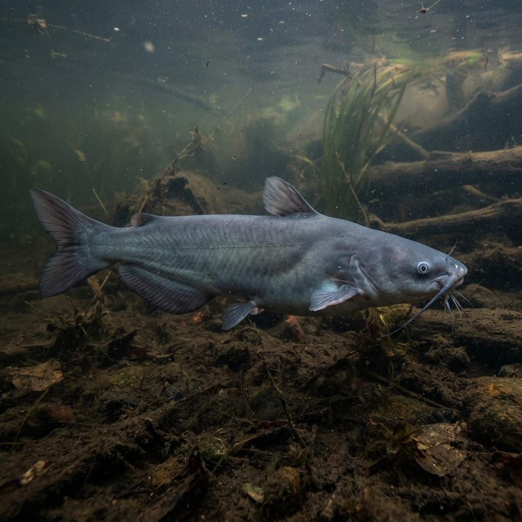 A Catfish (Blue) swimming underwater in side profile