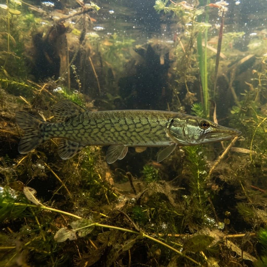 A Chain Pickerel swimming underwater in side profile