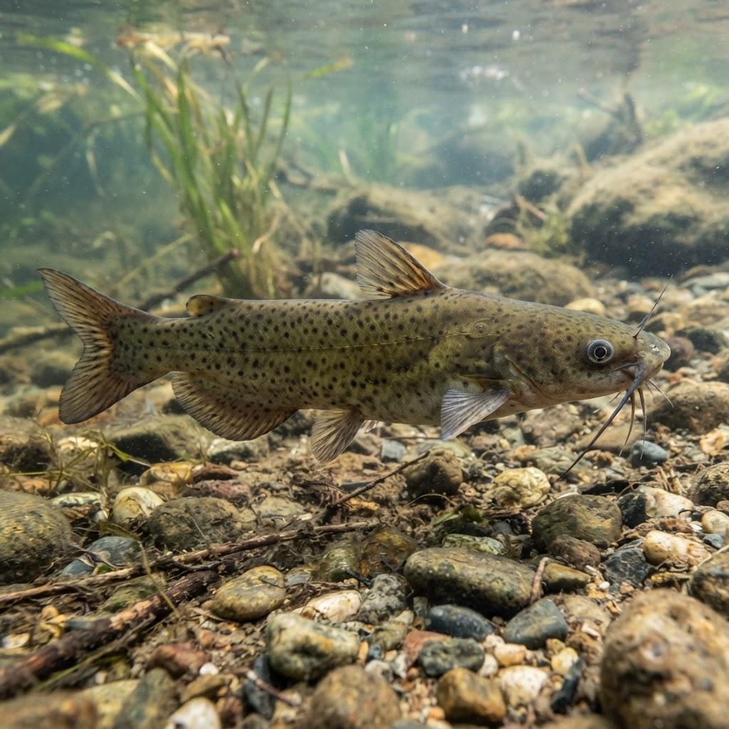 A Channel Catfish swimming underwater in side profile