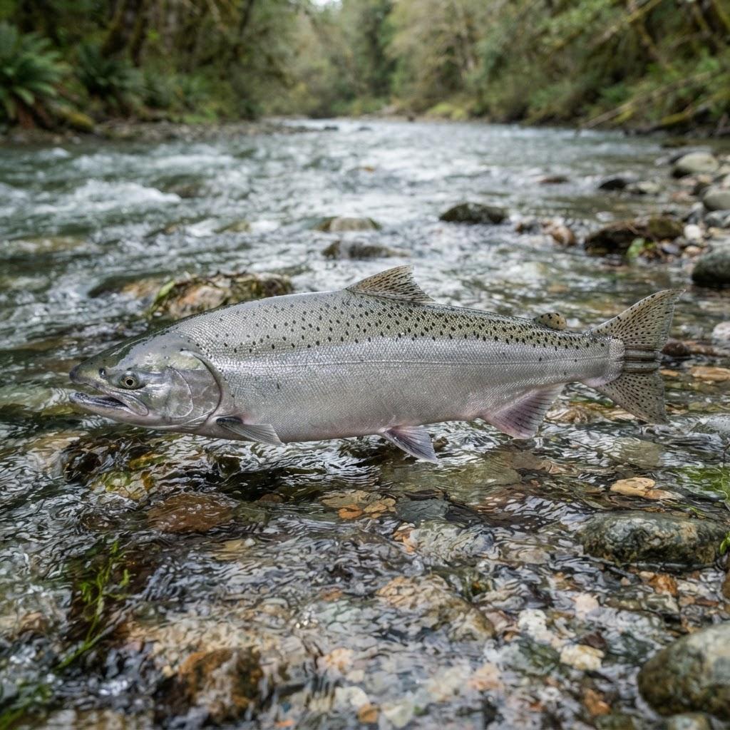 A Chinook (King) Salmon swimming underwater in side profile