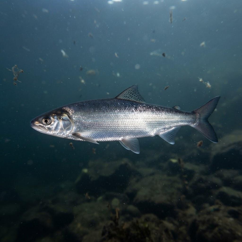 A Cisco (Lake Herring) swimming underwater in side profile