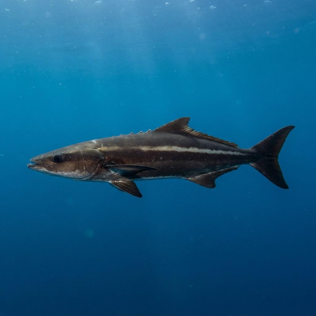 A Cobia swimming underwater in side profile