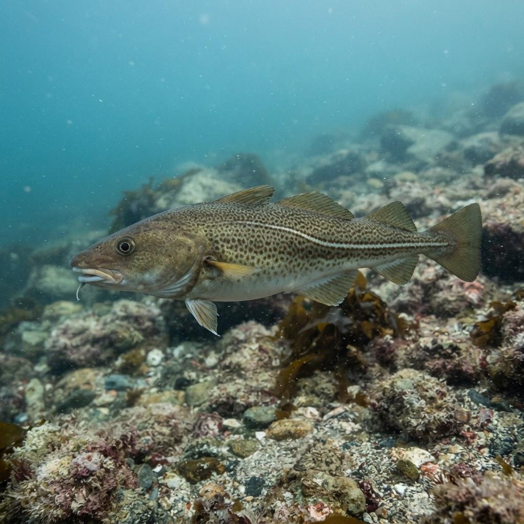 A Cod swimming underwater in side profile
