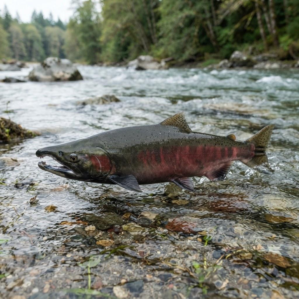 A Coho Salmon swimming underwater in side profile