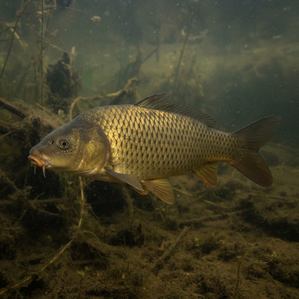 A Common Carp swimming underwater in side profile