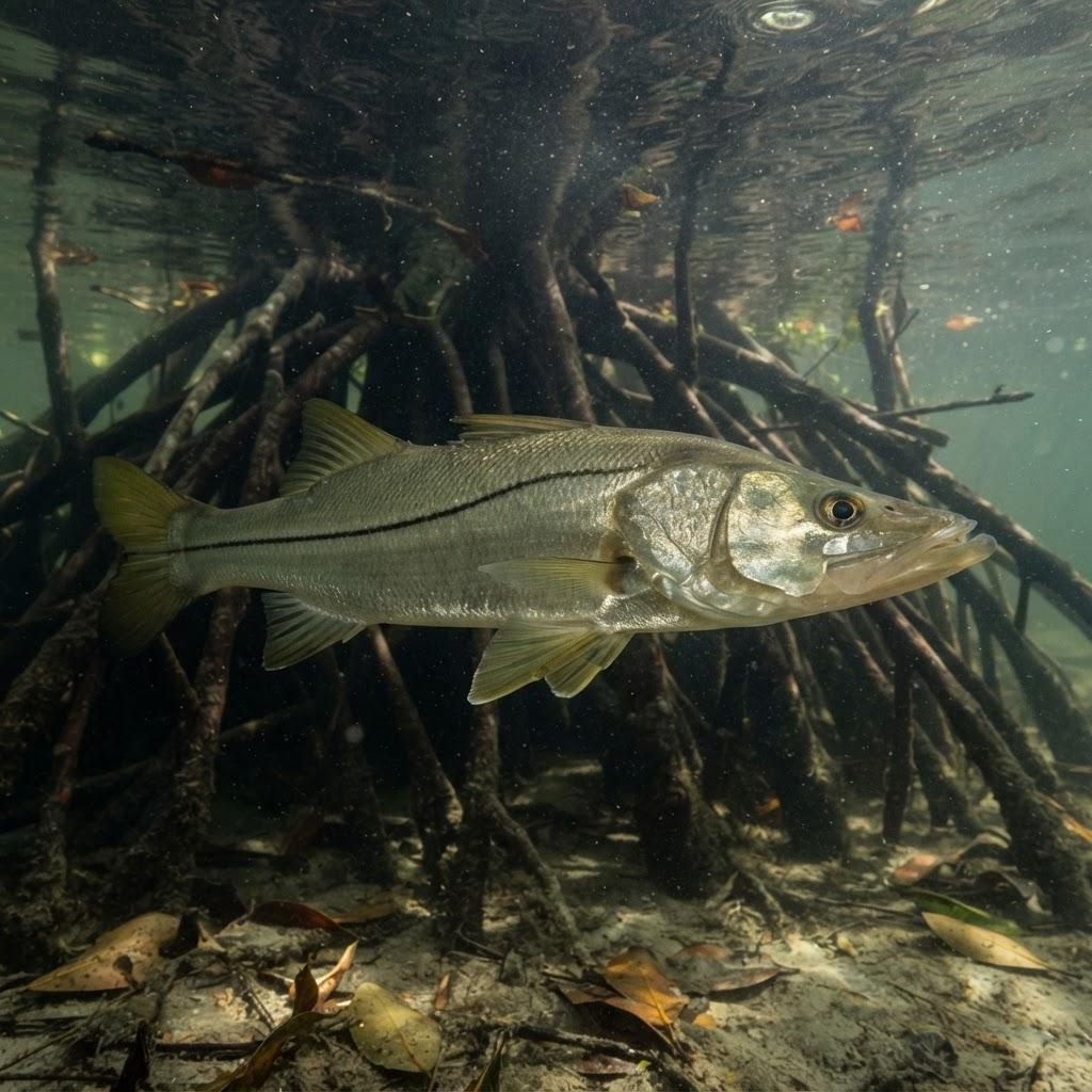 A Common Snook swimming underwater in side profile