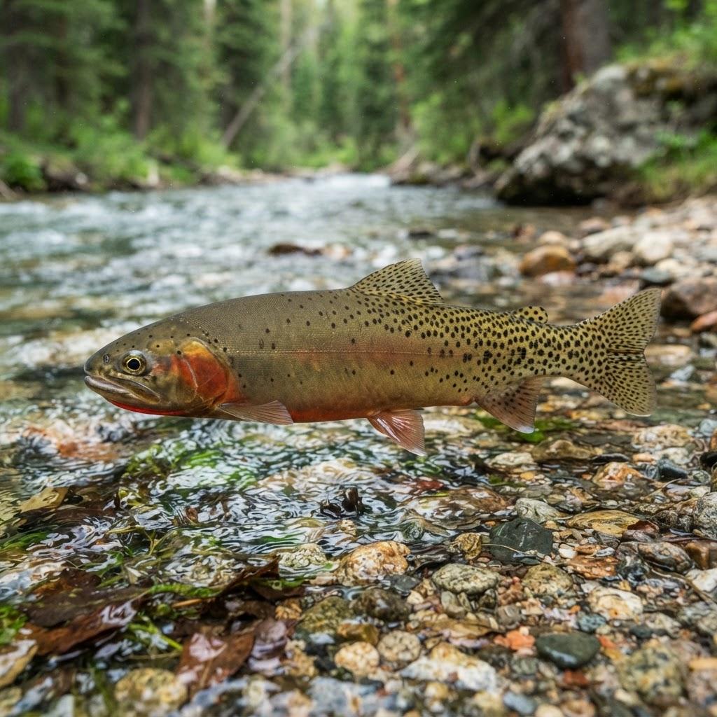 A Cutthroat Trout swimming underwater in side profile