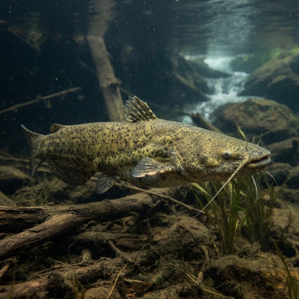 A Flathead Catfish swimming underwater in side profile