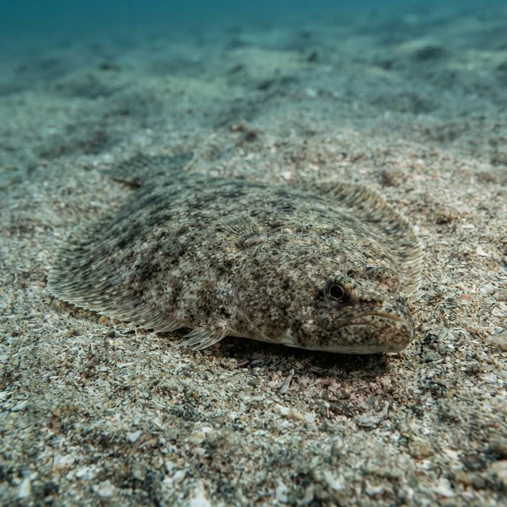 A Flounder (Summer) swimming underwater in side profile