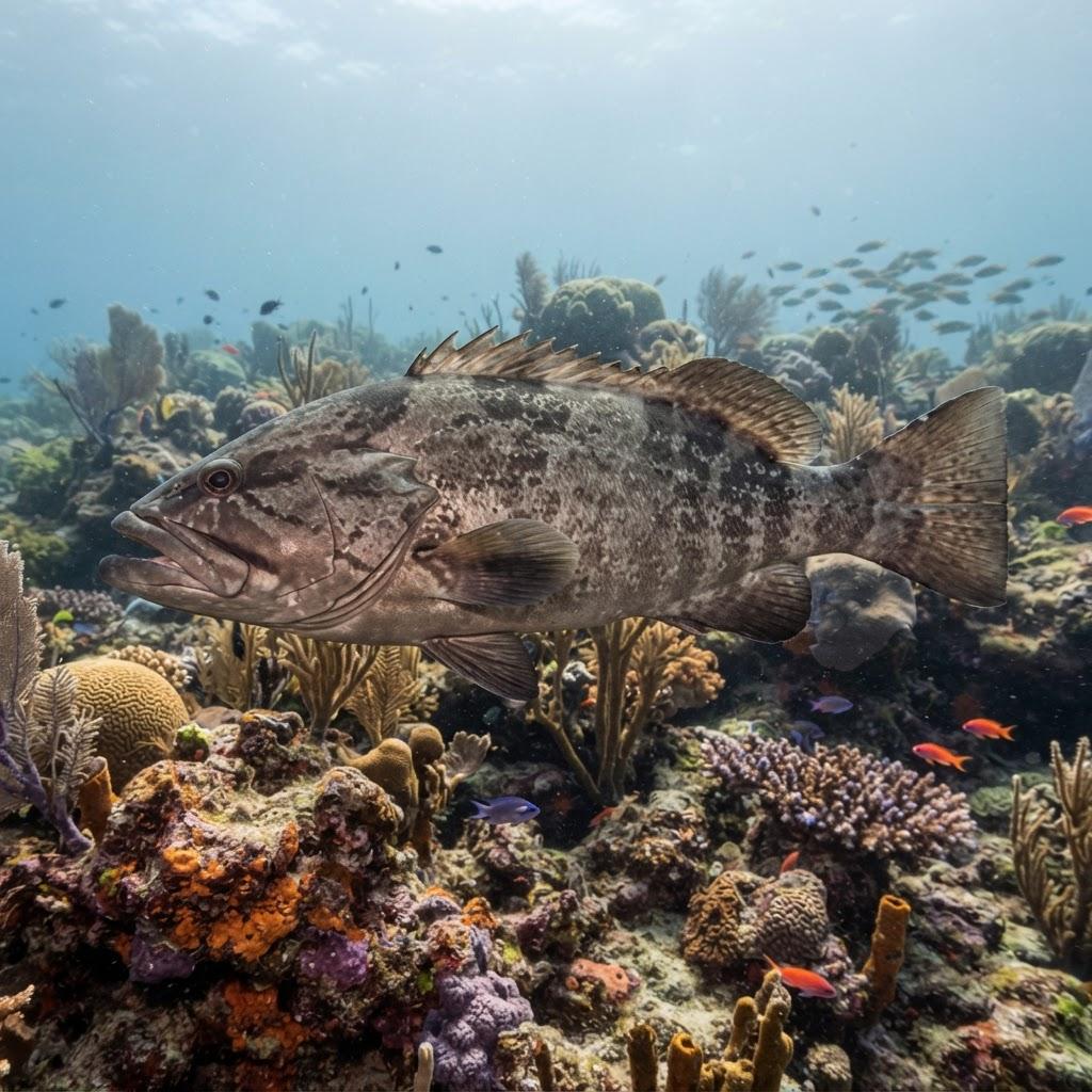 A Gag Grouper swimming underwater in side profile