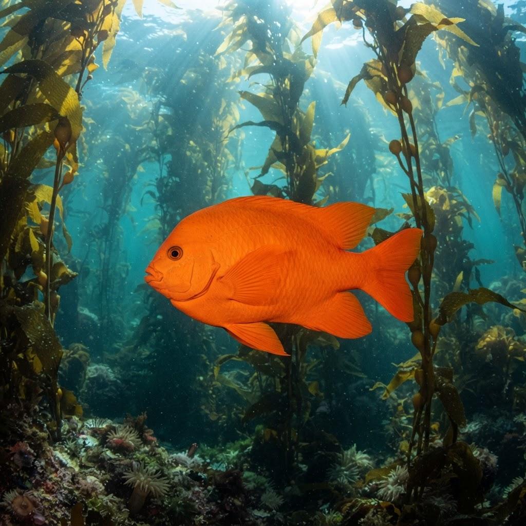 A Garibaldi swimming underwater in side profile