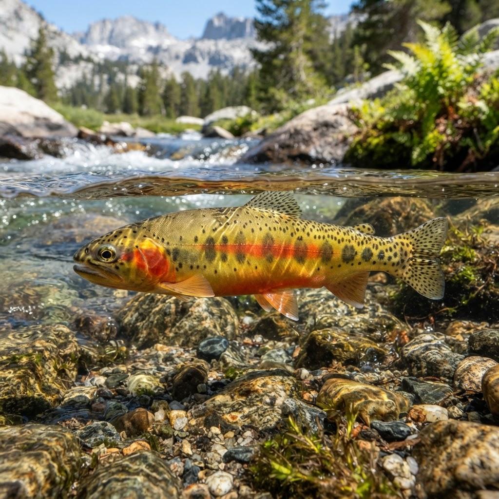 A Golden Trout swimming underwater in side profile