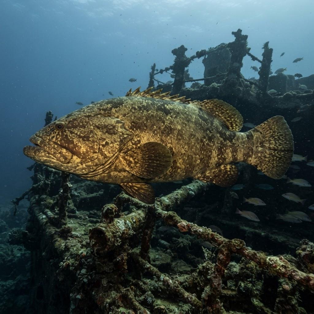A Goliath Grouper swimming underwater in side profile