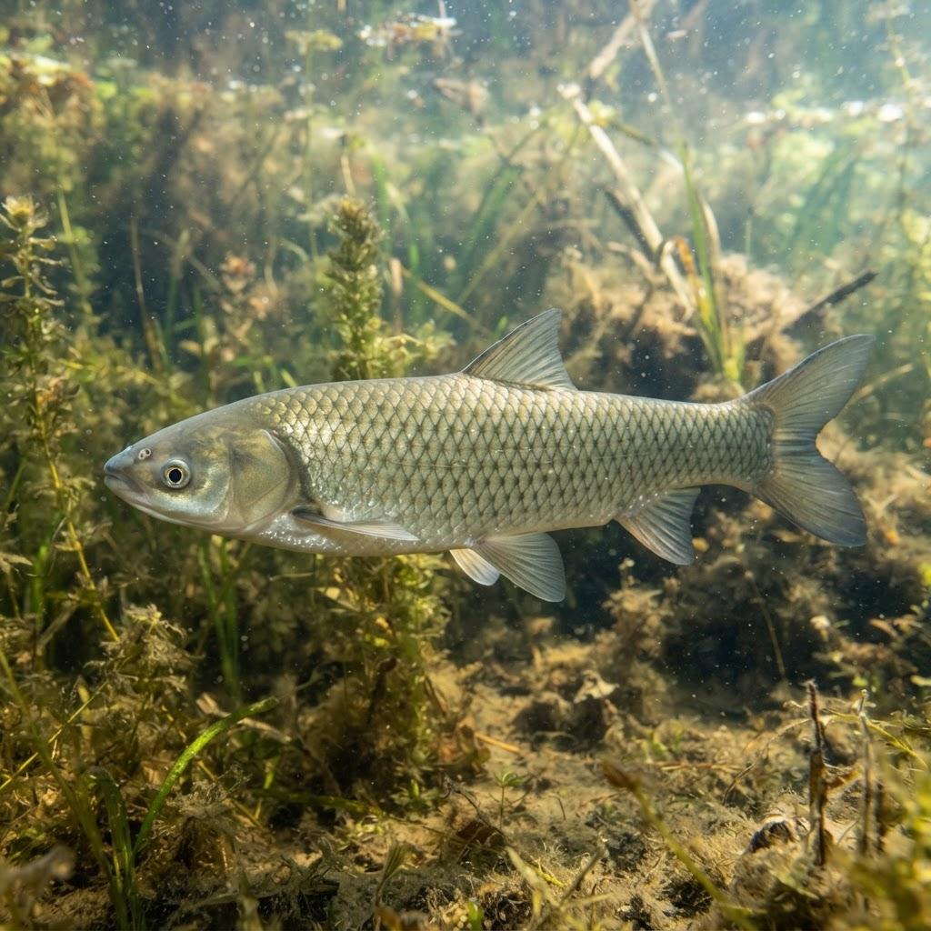 A Grass Carp swimming underwater in side profile