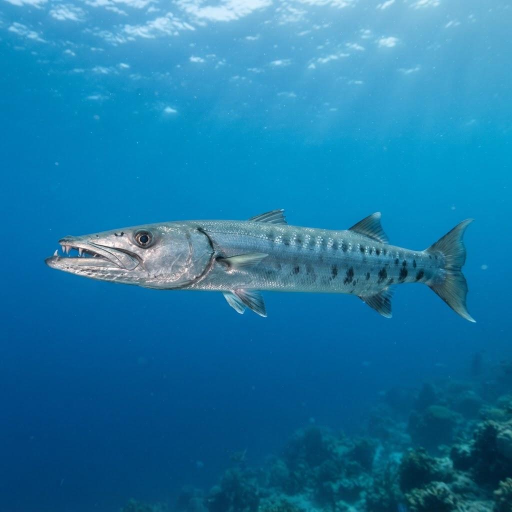 A Great Barracuda swimming underwater in side profile