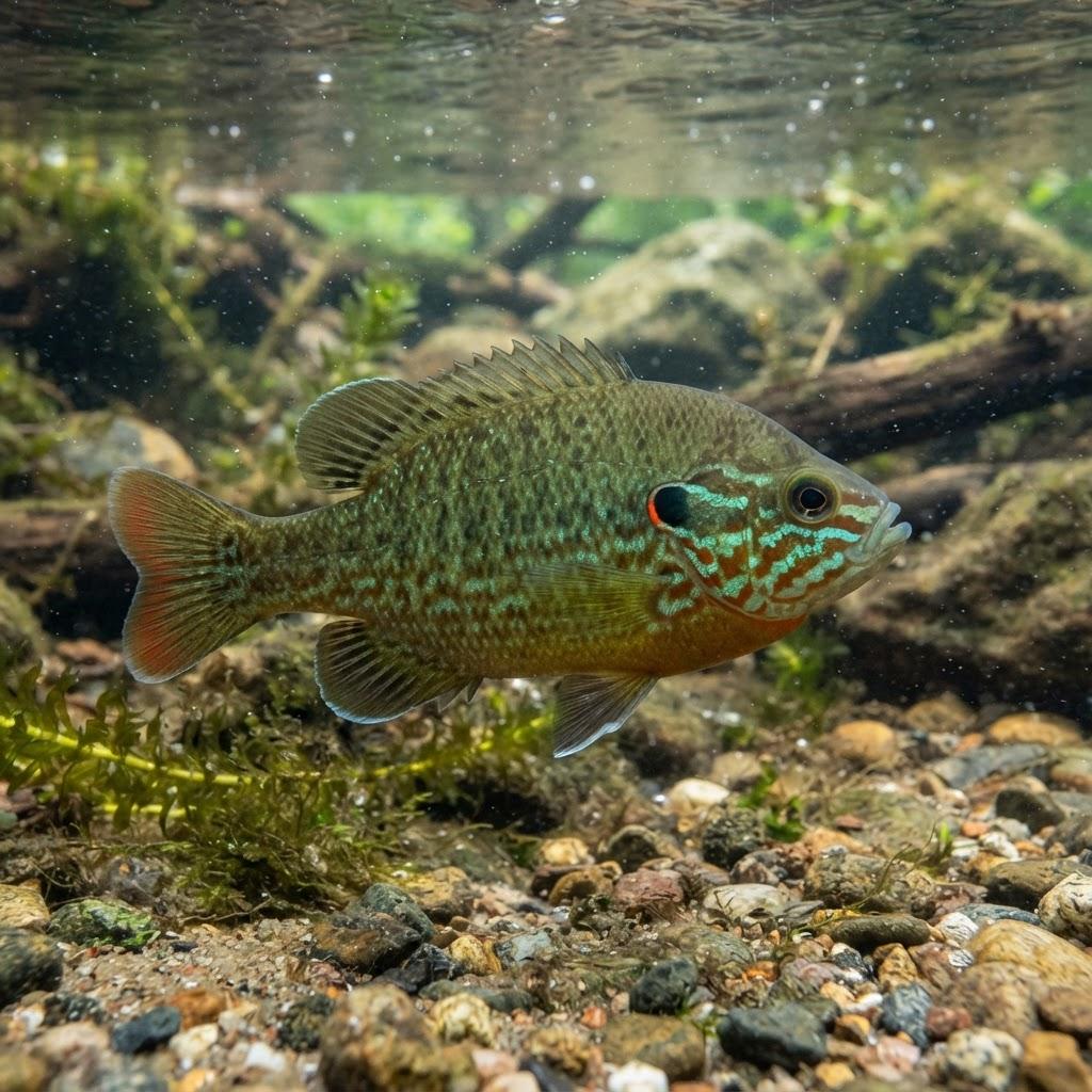 A Green Sunfish swimming underwater in side profile