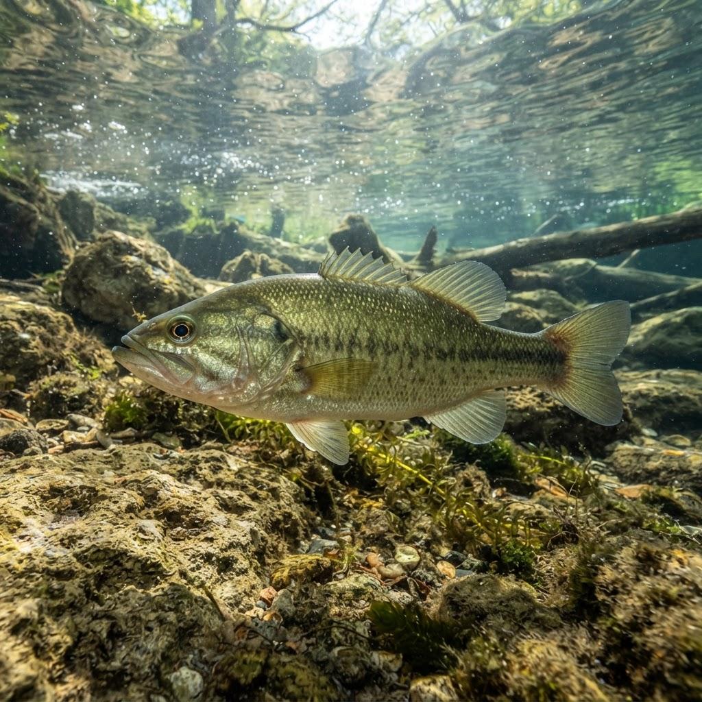 A Guadalupe Bass swimming underwater in side profile
