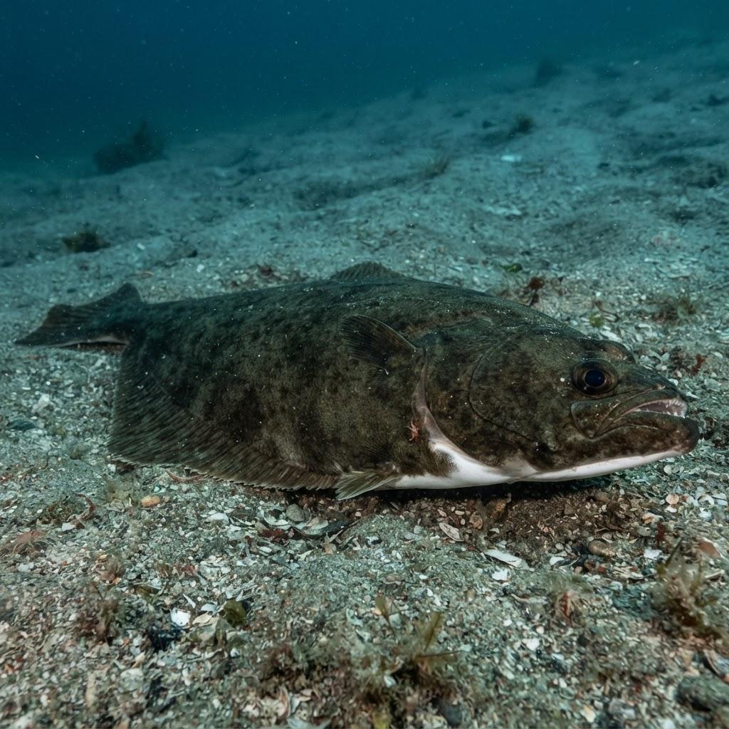 A Halibut (Pacific) swimming underwater in side profile