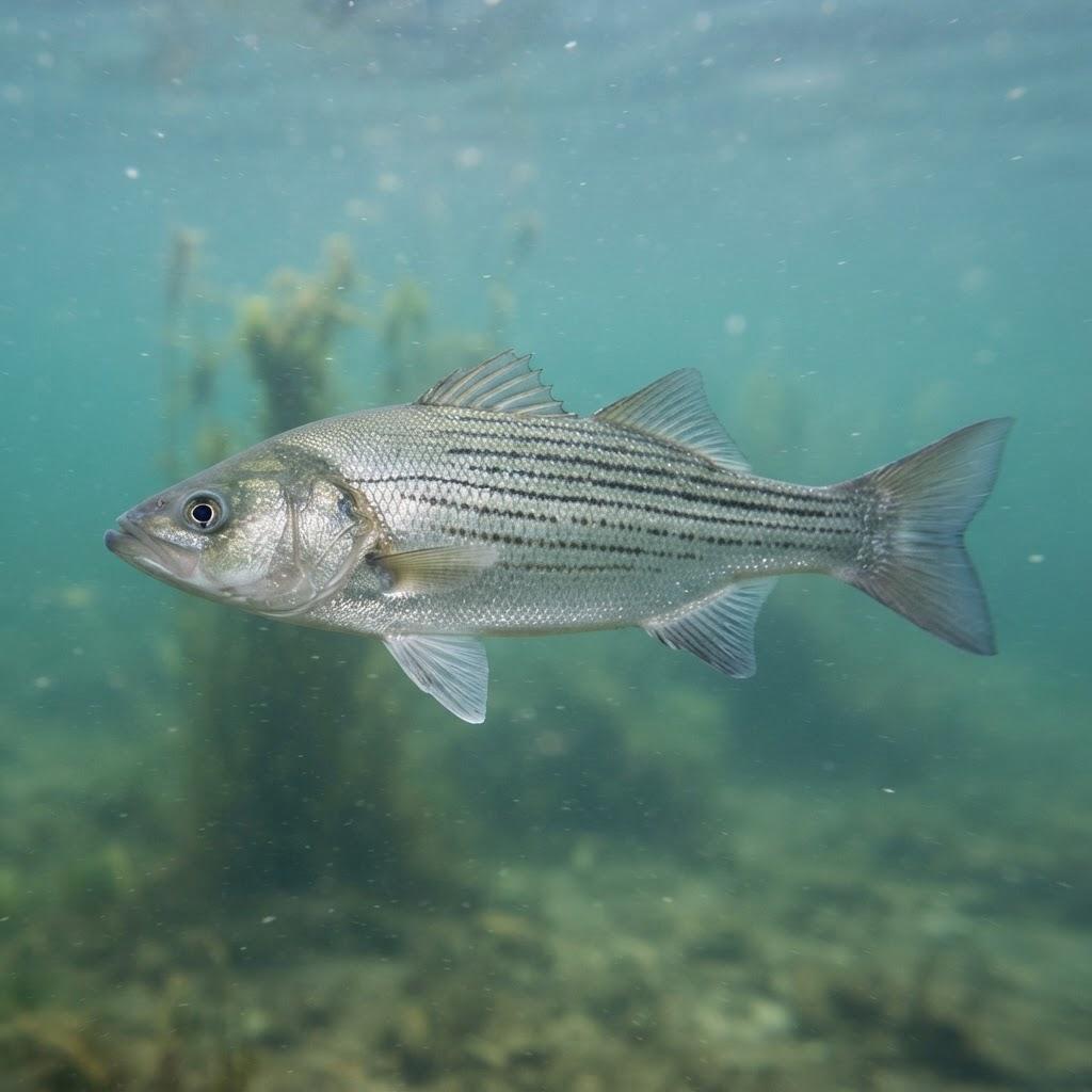 A Hybrid Striped Bass (Wiper) swimming underwater in side profile