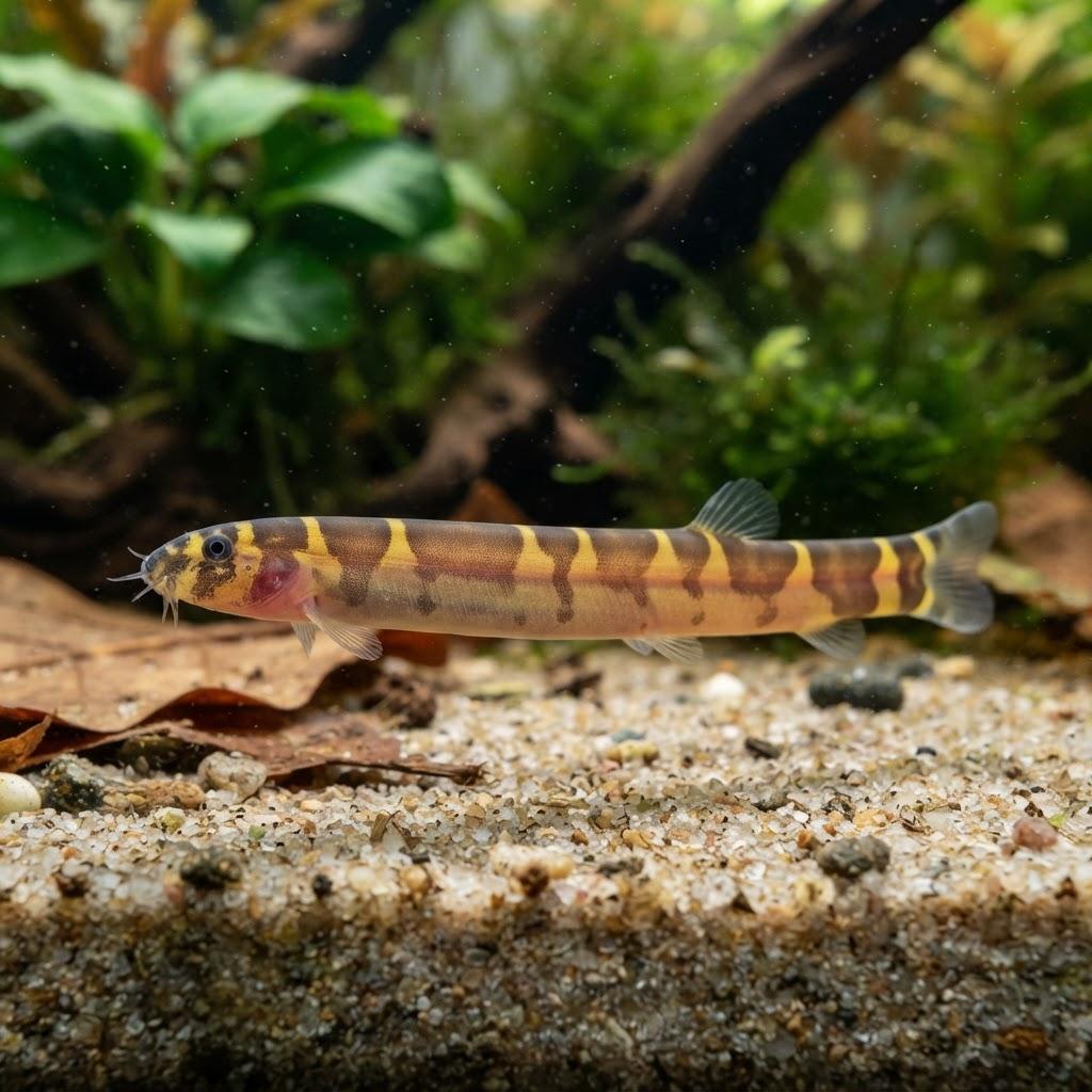 A Kuhli Loach swimming underwater in side profile