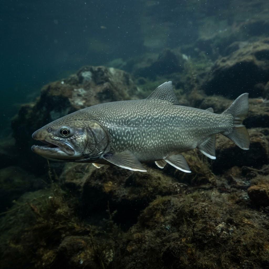 A Lake Trout swimming underwater in side profile