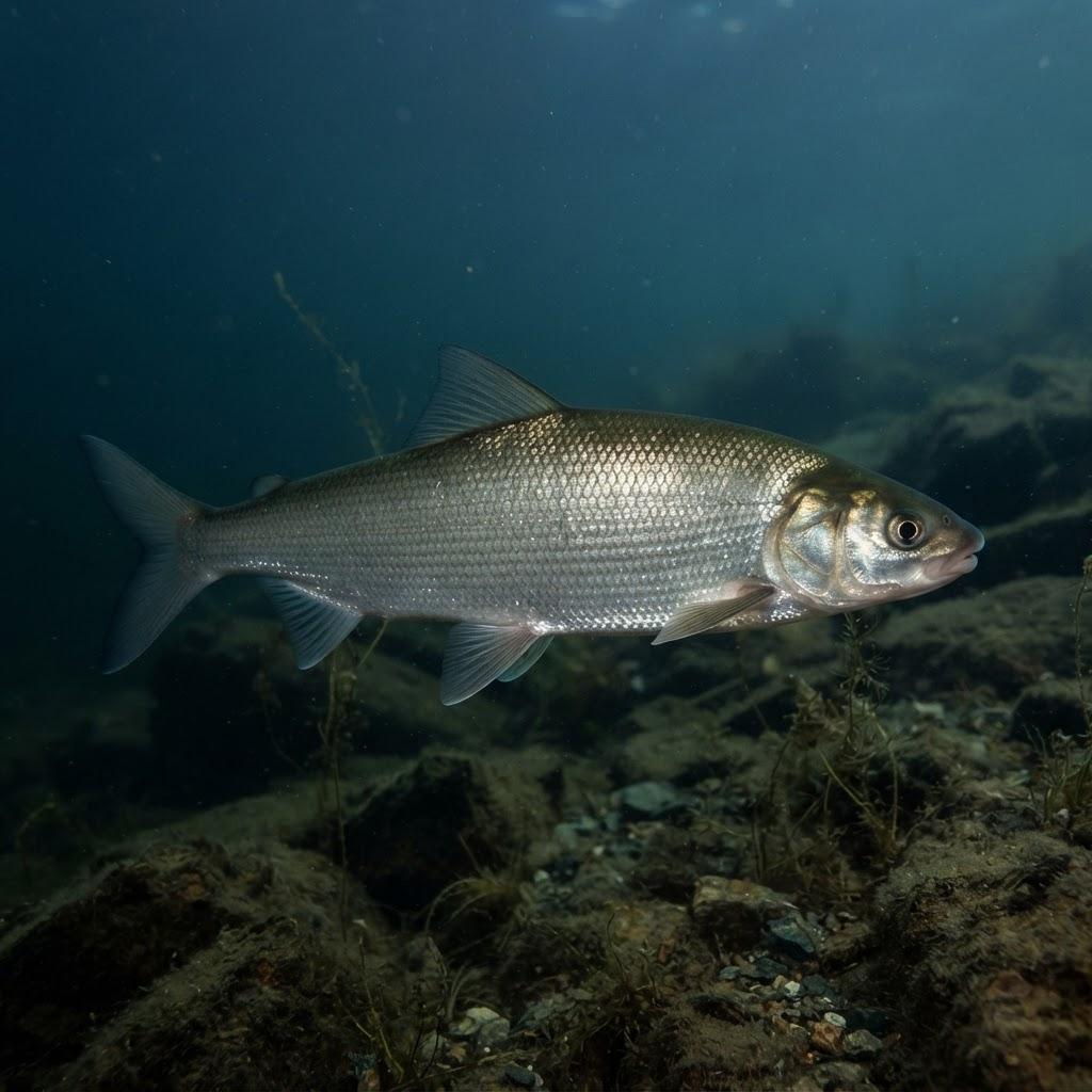 A Lake Whitefish swimming underwater in side profile