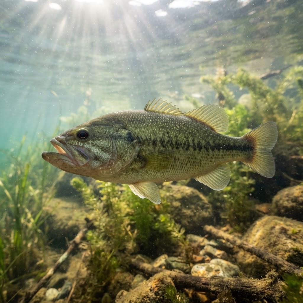 A Largemouth Bass swimming underwater in side profile